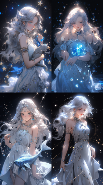 双鱼座，十二星座，爪子脸，精致少女，（非常详细的cg unity 8k壁纸），金色的长发，银色发饰，耳朵上戴着双鱼耳环，银色项链，额头上有一个双鱼，黑色的眼睛，（完美的眼部绘画），明亮的眼睛，水旺旺，甜美，白色的纱裙，宇宙，星星，蓝色，超清晰，高清图片，电影质感，(全身肖像)，精细画质，广角镜头