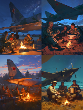 在夏日的星空下，前线机场的停机坪中，一架苏联涂装的米格21的机翼下的篝火旁，一个破旧的桌子上一杯伏特加，黑面包和豌豆汤，前线的士兵围坐在篝火旁，其中一个人在弹奏着手风琴，在思念着远方的亲人。