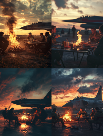 苏联战机旁篝火，停机坪上，士兵围坐，桌上有食物饮品，一人拉手风琴，暖色调，低角度，逆光，思念，宁静。