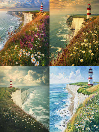 明媚的午后，漫步到英国在白色海崖，远处的海浪拍打在海岬的礁石上，海崖边上红白条纹的灯塔，通向海崖草地上星星点点的开着野花，俯视视角，广角，暖色调，清新，夏季海岸。