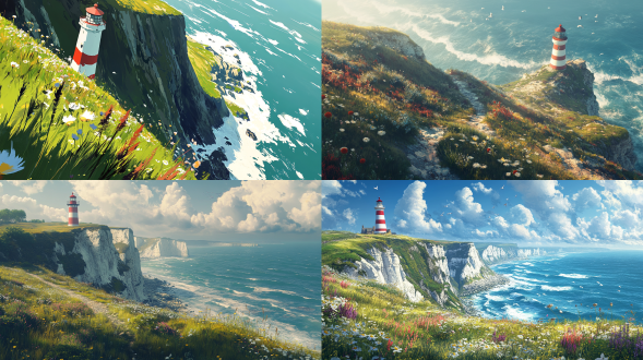 明媚的午后，漫步到英国在白色海崖，远处的海浪拍打在海岬的礁石上，海崖边上红白条纹的灯塔，通向海崖草地上星星点点的开着野花，俯视视角，广角，暖色调，清新，夏季海岸