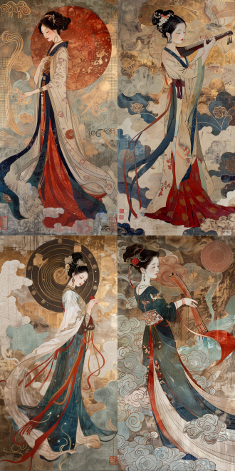 敦煌艺术风格壁画，天野喜孝与吴道子合作，敦煌飞天形象，臂钏，长裙束腰，双手优雅弹奏古筝，细腻笔触，柔和流畅，中国红与靛蓝，金色箔纸绘吉祥云纹背景，低角度拍摄，超广角，长焦镜头，高光，柔和光线，动作优雅，色彩鲜明，情感宁静。