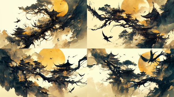 细腻墨画，精致oled珠宝，桌面，4k超高清，中国寺庙，电影静帧，艺术博物馆藏，针毡艺术，纯水制作，卷轴杰作，全景变形，玻璃窗，artstation热门，2d动画，细节丰富，光影交错，静物构图，自然光，微距镜头，色彩和谐，艺术氛围，文化传承。