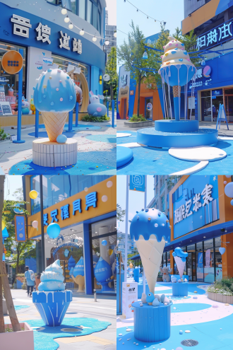 户外门头装置展示，冰淇淋，色彩缤纷，装置设计现代感十足，甜品造型诱人，现代设计,明亮背景,广角镜头,自然光,简约,温馨氛围。