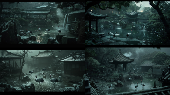 柔和的月光下，三只丹顶鹤和三只梅花鹿在残雪覆盖的中国古代明朝的皇家园林内悠闲散步，园林的有许多小亭子，亭台楼阁，小瀑布围着中间一座道观从屋顶冒出青烟。细节丰富，8k超清电影质感，神秘的气质，胡金铨电影美学风格，写实。广角，平视，小全景。 园林 亭子 正视 午夜 林德伯格