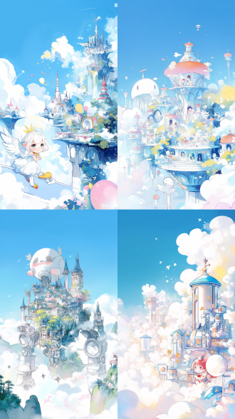 拉普达机器岛，奇幻科幻漫画风格，悬浮云雾，复杂机械结构，奇特建筑，俯瞰仰视全景，高分辨率，比例巨大，32k，超现实，未来感，金属质感，光影交错，动态模糊，科技感，宏伟壮观，细节丰富，色彩鲜明，震撼感。