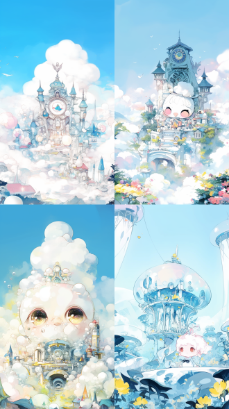 拉普达机器岛，奇幻科幻漫画风格，悬浮云雾，复杂机械结构，奇特建筑，俯瞰仰视全景，高分辨率，比例巨大，32k，超现实，未来感，金属质感，光影交错，动态模糊，科技感，宏伟壮观，细节丰富，色彩鲜明，震撼感。 伏尼契手稿 莫兰迪色