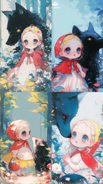 小红帽穿越森林，大灰狼潜伏附近，汉斯·克里斯蒂安·安徒生灵感，冷色调，小红帽惊恐表情，狼凶狠目光，光斑，紧张氛围，老式相机拍摄，f/3.5，iso 400，1/150秒，童话风格，柔和色调，昏暗灯光，不安感，森林构图，4:3比例，600秒，版本5，质量2，超精细细节，32k，超高清。