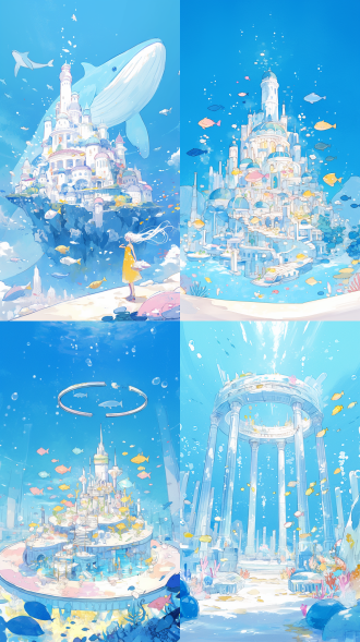 亚特兰蒂斯水下城市，宏伟建筑与奇异海洋生物，中性色温，神秘氛围，水下柔光，幻想风格，广角镜头，水下摄影，f/6，iso 200，1/125秒，16:9，深蓝调，动态光，狂风暴雨氛围，4:3。