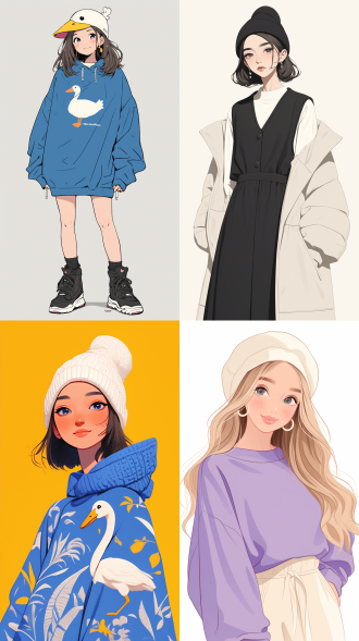 女孩时尚装扮，大白鹅头套，矢量艺术，白色背景，平光，简洁线条，可爱表情，大眼睛，微笑，轻松氛围，明亮色彩，温馨，亲切，时尚感，现代感，扁平化设计，柔和光线，清晰轮廓，生动表情，愉悦情绪。