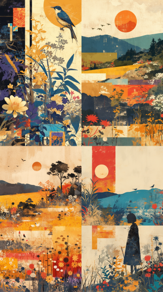 矢量图拼贴手账，风景鸟类花卉图片拼贴，视觉美学，碎片化，不规则拼贴，贴纸邮票，纹理图案分层，边缘清晰，高饱和度，明亮色调，细节丰富，创意布局，抽象风格，艺术感，自然元素，现代设计。