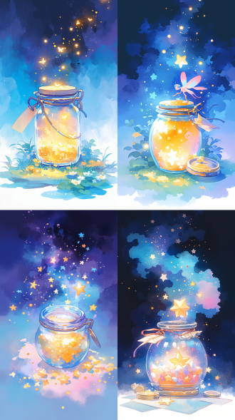 萤火虫在玻璃许愿瓶内飞舞，微光闪烁，幻想风格，暖色温，神秘迷人表情，柔和发光光效，奇幻氛围。幻想相机拍摄，f/4.5，iso 50，1/80秒，幻想风格，温暖闪耀色调，柔和梦幻照明，魔法氛围，特写构图。