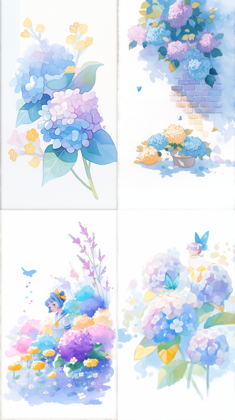 绣球花盛开，多彩绚丽，自然灵感，中性色温，柔和散射光，宁静氛围，自然相机拍摄，f/5.6，iso 80，1/125秒，自然风格，淡雅明亮色彩，温和自然光照，愉悦氛围，特写构图。