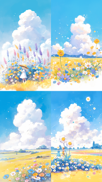 大片花海，远景，蓝天白云，alexander averin风格，广阔视野，自然光，柔和色彩，长焦镜头，宁静，田园风光，细腻笔触，和谐。