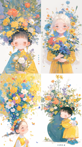 水墨插画，怀旧印刷，色彩颗粒，线条插画，朦胧彩铅，巨大花束，可爱小女孩，长发与花束融合，qq，小怪兽，卡通，颗粒感，极简主义，完美构图，特写，柔和光线，细腻笔触，梦幻氛围，温馨色彩，童趣表情，创意构思，艺术风格，情感表达，视觉冲击，细节丰富，色彩搭配，情感共鸣。