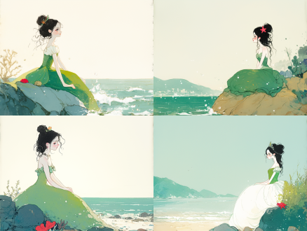 小美人鱼坐在海边岩石上，长发随风飘扬，表情梦幻向往，冷色调，柔和蓝光，海边氛围，幻想风格相机拍摄，f/4，iso 60，1/125秒，蓝绿调，温柔水光，海边情调，中景构图。