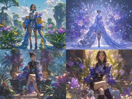 蔡依林舞台造型，全身像，紫色彩绘风格，中式美人，香奈儿短裙，肩披大花，黑发，花园景观，时装秀，香奈儿风格，精致妆容，高跟鞋，浅红唇，长发，耳饰，直视镜头，高细节，超细节，4k分辨率，3:4比例，niji 6风格，s 380参数，舞台光效，动态捕捉，时尚前沿，优雅步态，花卉装饰，紫色主调，复古蓝点缀，黑色对比，细腻肌肤，眼神交流，光影交错，时尚摄影，动画质感，中式元素，香奈儿品牌融合，舞台魅力，时尚表现力，粉彩色。 粉彩色