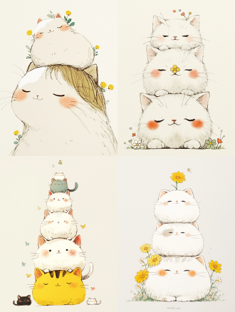 猫咪叠叠乐，多层次堆叠，温馨室内，柔和光线，长焦镜头，自然光，静态捕捉，亲密，和谐，淡雅色彩，放松表情。