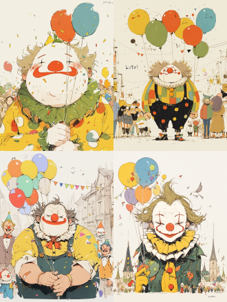 小丑手持彩色气球，面带苦笑，街头背景，模糊人群，低角度，广角镜头，柔和光线，彩色气球，苦涩表情，街头艺术。