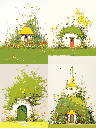 风铃花形状的小房子，童话风格，周围环绕风铃花，柔和光线，远景，广角镜头，自然光，宁静，粉色与绿色，梦幻。