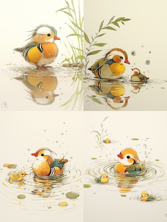 鸳鸯戏水，对称构图，水波纹细节，湖面，柔和光线，长焦镜头，自然光，慢速快门，亲昵，温馨，淡雅色彩，宁静。