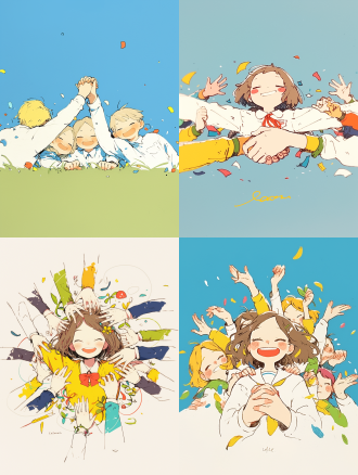 反霸凌，校园背景，晴朗天空，正面构图，学生手拉手，微笑表情，校服整洁，广角镜头，自然光，鲜艳色彩，团结，希望。