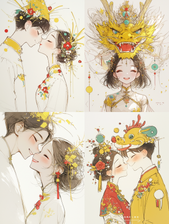 传统婚礼，新人拉红绸拜天地，红色喜庆，中式礼服，庄重表情，古色古香，长焦镜头，柔和光线，室内场景，金色装饰，幸福氛围。