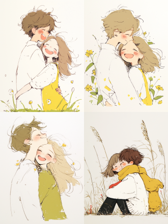 情侣拥抱，浪漫氛围，公园里，柔和光线，长焦镜头，逆光，慢快门，微笑，幸福，粉色调。