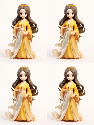 盲盒女孩，传统中式，黄汉服，冷酷脸，棕眼长发，全身像，3/4面，白背景，自然光，8k，超细节，3d，逼真。