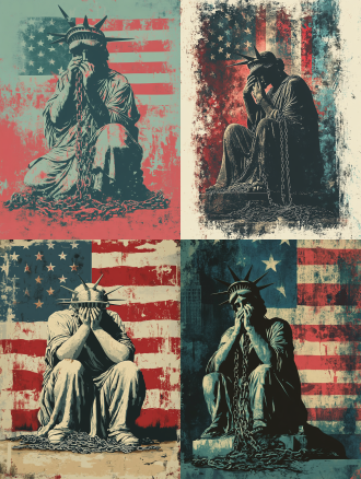 for a t-shirt design, the statue of liberty sits slumped at the base of her pedestal, her head bowed and hands covering her face in despair. broken chains lie scattered at her feet, symbolizing lost freedom. behind her, the american flag hangs in tatters, barely visible through the haze. the color palette is a mix of distressed red, white, blue, and a faded, melancholic green, reflecting the statue’s sorrow.