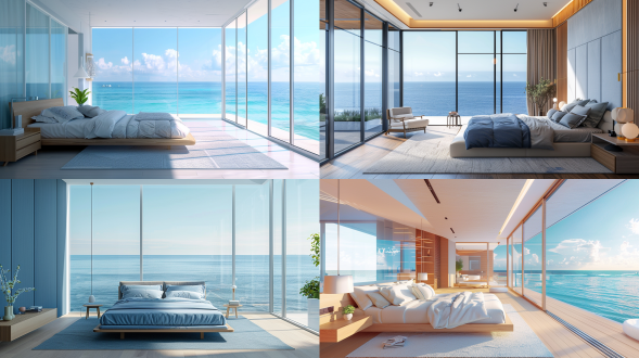 北欧风格卧室，智能床，室内设计，蓝色主调，柔和阳光，落地玻璃，窗外海景，蓝色背景，原木色家具，360度全景，3d渲染，16k高清，宽敞明亮，自然光，细节丰富，现代简约，舒适氛围，宁静和谐，全景视角，高分辨率，自然采光，简约线条，舒适材质，宁静色调，和谐布局，现代科技，室内外融合，海洋元素，自然元素，现代家居，温馨照明，细节精致，生活品质，设计感，艺术感，科技感，生活感，自然感，宁静感，和谐感。