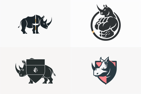 animal logo, anthropomorphic rhinoceros placed at the top of the shield shape, with strong muscles, profile image, full of power, colors in gray, navy blue, and orange, simple lines, flat illustrations, minimalism, and white background