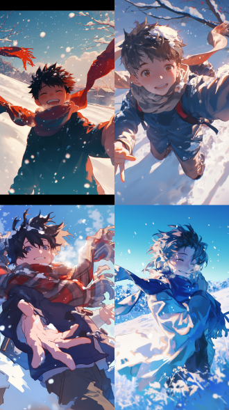 他戴着围巾在雪地里玩雪，富有生命力，鲜活情感，雪地背景，围巾飘扬，笑脸，动态姿势，广角镜头，自然光，冷色调，雪地反射，活力四射。