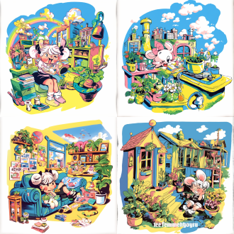 卡通临摹，色彩鲜明，生活趣味，环绕元素，一致内容，高饱和度，明亮光线，广角视角，正面构图，微笑表情，轻松氛围。