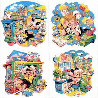 临摹重绘，卡通元素，色彩鲜明，生活趣味，一致性，环绕布局，明亮光线，广角镜头，高饱和度，欢乐表情，动态姿势，温馨场景。