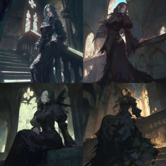 法罗女士，哥特风格，黑暗城堡，长裙，神秘微笑，中景，广角镜头，低角度，侧光，高对比度，暗色调，神秘，优雅。