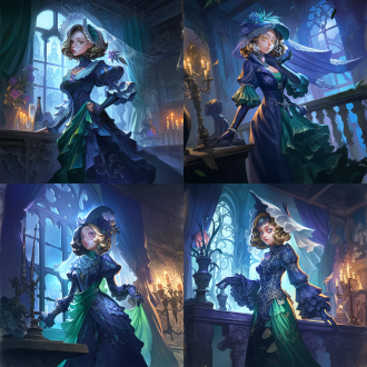 法罗女士，哥特风格，黑暗庄园，神秘氛围，长裙，面纱，忧郁眼神，中景镜头，低角度，暗色调，侧逆光，静态，神秘感。