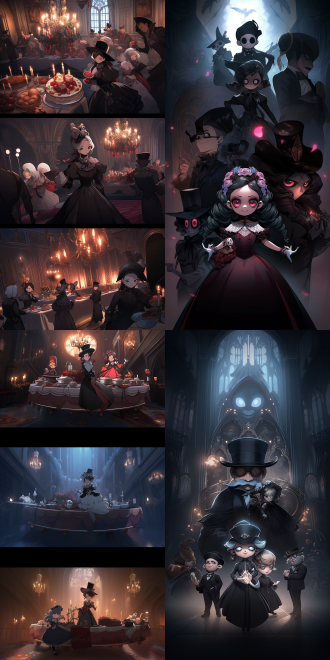 蛋仔派对与第五人格联动，哥特风格，暗黑城堡，神秘氛围，角色身穿维多利亚时代服装，面带诡异微笑，眼神深邃，构图对称，细节丰富，广角镜头，低角度拍摄，侧光，高对比度，冷色调，紧张神秘。
