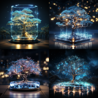 全息粒子树，未来科技风格，半透明树干，蓝色光粒子流动，超现实背景，商务氛围，互联网元素，3d投影效果，科技感十足，智能脑机接口，高分辨率，冷色调，光影交错，动态粒子效果，未来感，壁纸级画质。