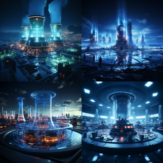 核电站场景，3d风格，粗圆烟筒，核反应发光蓝色，科技感，浅色调，炫酷，透视效果，广角镜头，冷光，细节丰富，动态模糊，未来感，科技场景。