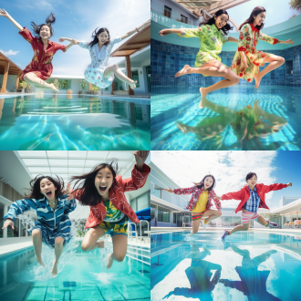 两位18岁亚洲女孩泳池嬉戏，4k真实感，对称构图，泳池边，明亮色调，标准镜头，自然光，水花四溅，欢笑，活力。