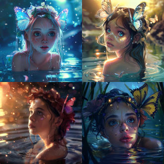 迪士尼风格，水中女孩，大眼睛，远望，蝴蝶头饰，水面肩上，水光闪耀，超高清，8k，柔和光线，梦幻氛围，细节丰富，色彩鲜艳，宁静表情。