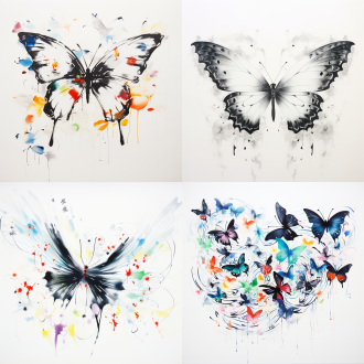 特写，翅膀超长蝴蝶，翅膀展开，巨大翅膀由无数大写字母书写的传统文字组成，吴冠中风格，色彩丰富，虚实结合，线条优美，极简主义，纯白背景，意境水墨，文本创意，背景模糊，书法字符，水墨。