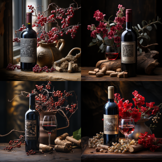 红酒瓶与鲜花，窗台，中景构图，质感，暗背景，扭曲枯木，葡萄藤，影棚灯光，高细节，8k，高清，最佳画质，静物，细腻纹理，深色调，自然元素，静谧氛围，专业摄影。