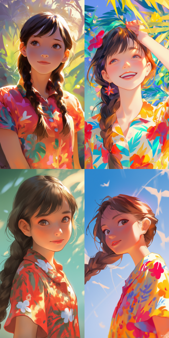 动漫女孩肖像，夏威夷衬衫，短袖，长辫子，正面特写，鲜艳色彩，柔和光线，微笑，自然背景，手绘风格，动态捕捉，情感表达，欢乐气氛，动物，四季变换，美好梦想，漫画页，纯真，忧郁孤独，童年回忆，ghailan风格，哪吒，美丽随机图像，正面特写，鲜艳色彩，柔和光线，微笑，自然背景，手绘风格，动态捕捉，情感表达。