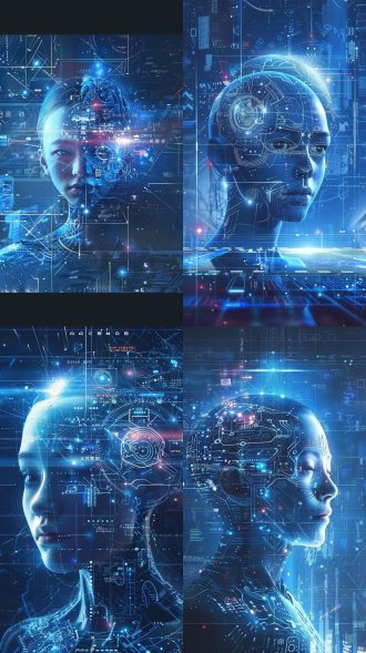 数字界面人脑科技插画，蓝色调，科技感，背景图，数字元素，未来风格，矩形布局，模糊效果，中心构图，线条与圆圈交织，复杂电路图案，数字界面发光，人工智能元素，高分辨率，冷色调，科技感，抽象艺术，细节丰富，光影效果，创意设计。