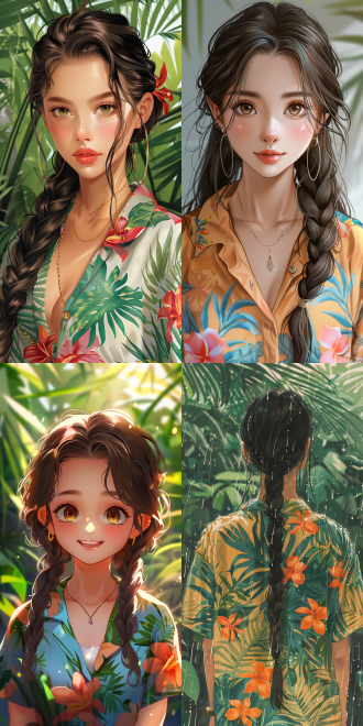 动漫女孩肖像，夏威夷衬衫，tiktok视频，欢乐气氛，动物，短袖，长辫子，四季变换，美好梦想，漫画页，纯真，忧郁孤独，童年回忆，ghailan风格，哪吒，美丽随机图像，正面特写，鲜艳色彩，柔和光线，微笑，自然背景，手绘风格，动态捕捉，情感表达，广角镜头，高饱和度，侧光，快速快门，跳跃，紧张。