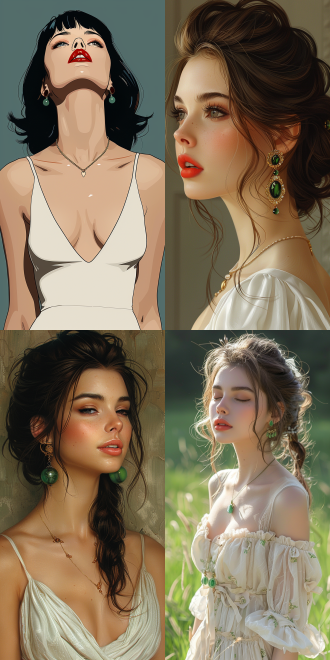 女孩侧面，牛油果绿背景，极简艺术，白色连衣裙，红唇，迷人眼神，绿色复古耳环，柔和光线，低饱和色调，宁静氛围，扁平插画风格，细节精致，轮廓清晰，自然光，静态，优雅。