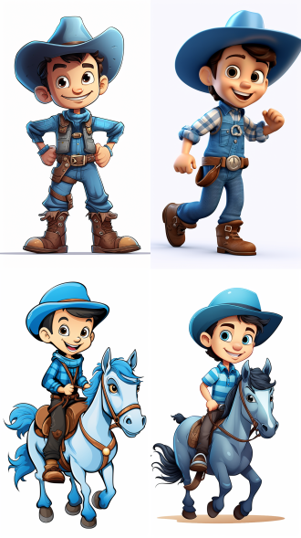 卡通ip形象，蓝色牛仔装，骑马，谷仓背景，牛仔帽，简约插画，大胆线条，基思·哈林风格，混合图案，文字与表情符号装置，8k分辨率，白色背景，浅蓝色调，欢快表情，动态姿势，明亮光线，创意构图，童趣氛围。