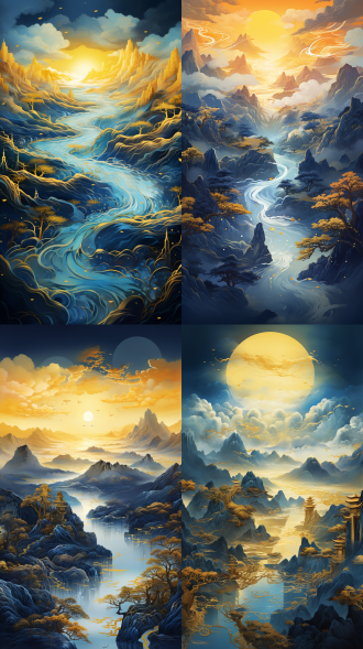 蓝色金色山水画，细节丰富，广角镜头，流动摄影，传统风格，壮丽景色，电路板效果，发光，中国风格，千山万水，3d插图，蓝金配色，宏伟，色彩丰富。